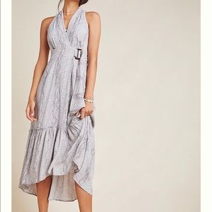 ANTHROPOLOGIE Marfa Dress 24W Grey/White Snake Print Faux Wrap Tiered Halter NWT